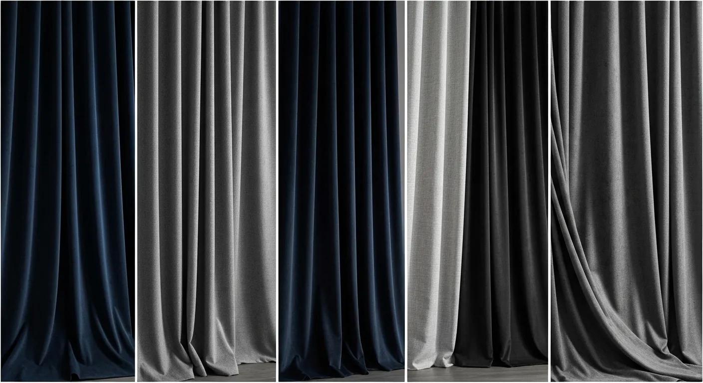 Variety of blackout curtain fabrics showcasing textures and light-blocking capabilities