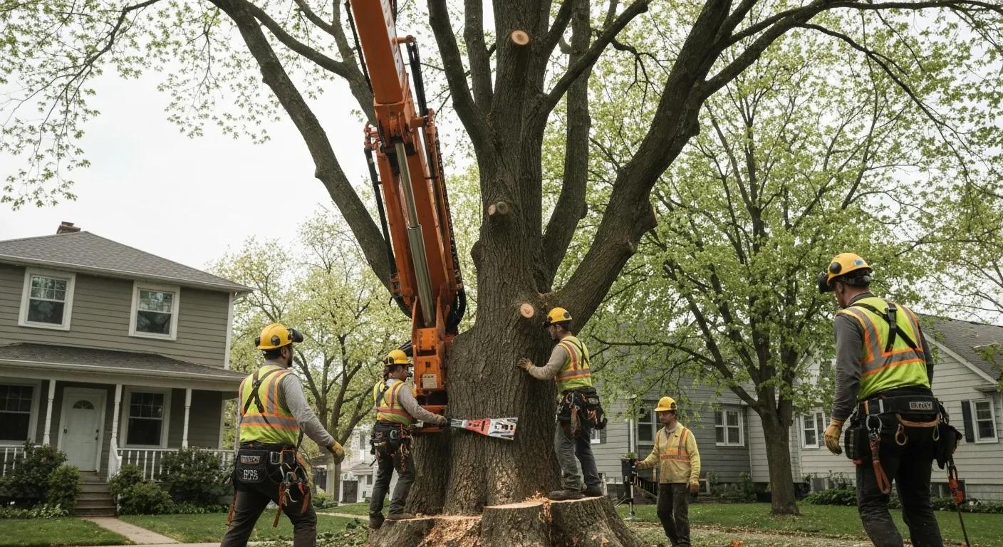 Professional tree removal team safely removing a large tree with specialized equipment Professional tree removal team safely removing a large tree with specialized equipment