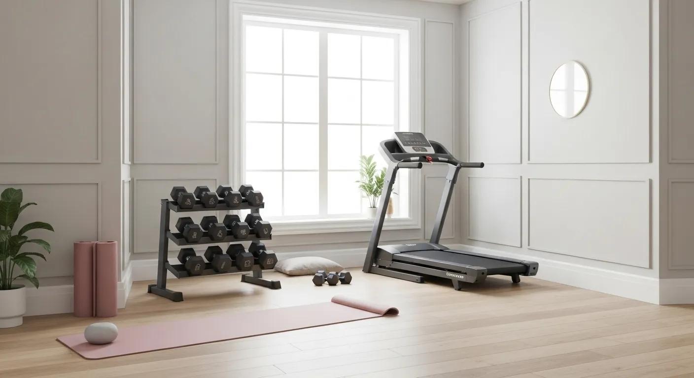 Bright, modern apartment corner transformed into a compact home gym with adjustable dumbbells and a sleek foldable treadmill.