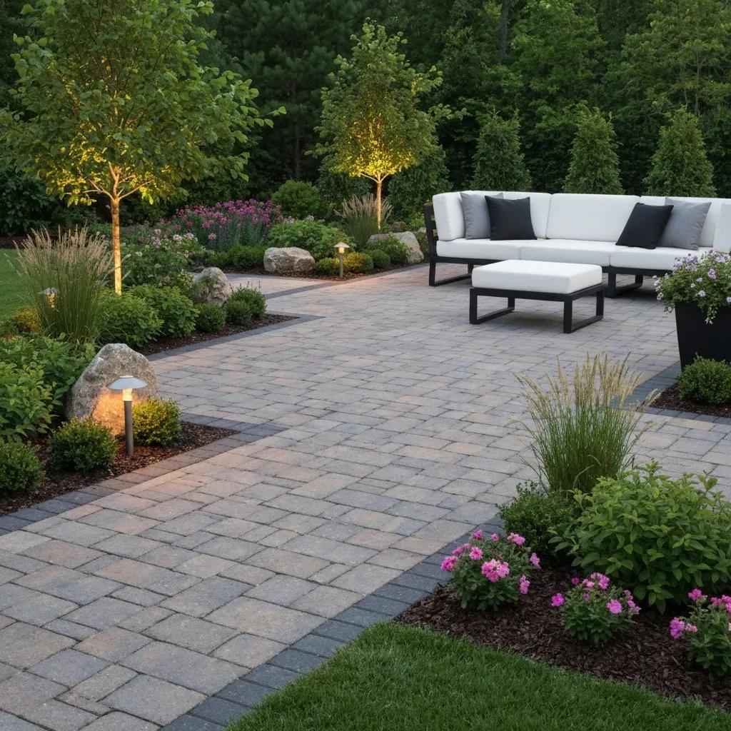 Beautifully designed paver patio surrounded by lush greenery and flowers, showcasing expert hardscape solutions Beautifully designed paver patio surrounded by lush greenery and flowers, showcasing expert hardscape solutions