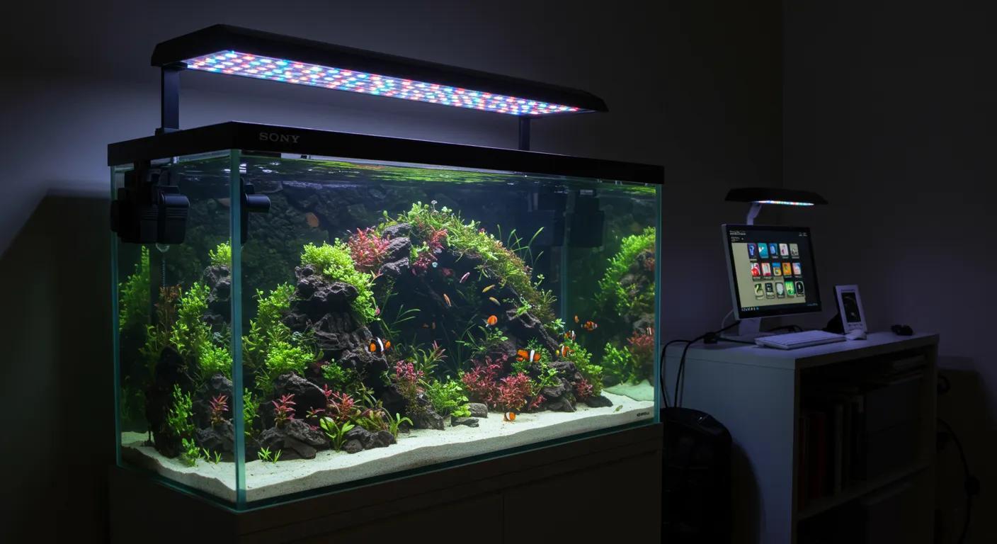 a sleek, modern aquascaping setup illuminates a vibrant aquarium filled with colorful fish and flourishing aquatic plants, showcasing the dynamic effects of customizable led lighting in a sophisticated, minimalist home office environment with smart technology integrated seamlessly. a sleek, modern aquascaping setup illuminates a vibrant aquarium filled with colorful fish and flourishing aquatic plants, showcasing the dynamic effects of customizable led lighting in a sophisticated, minimalist home office environment with smart technology integrated seamlessly.