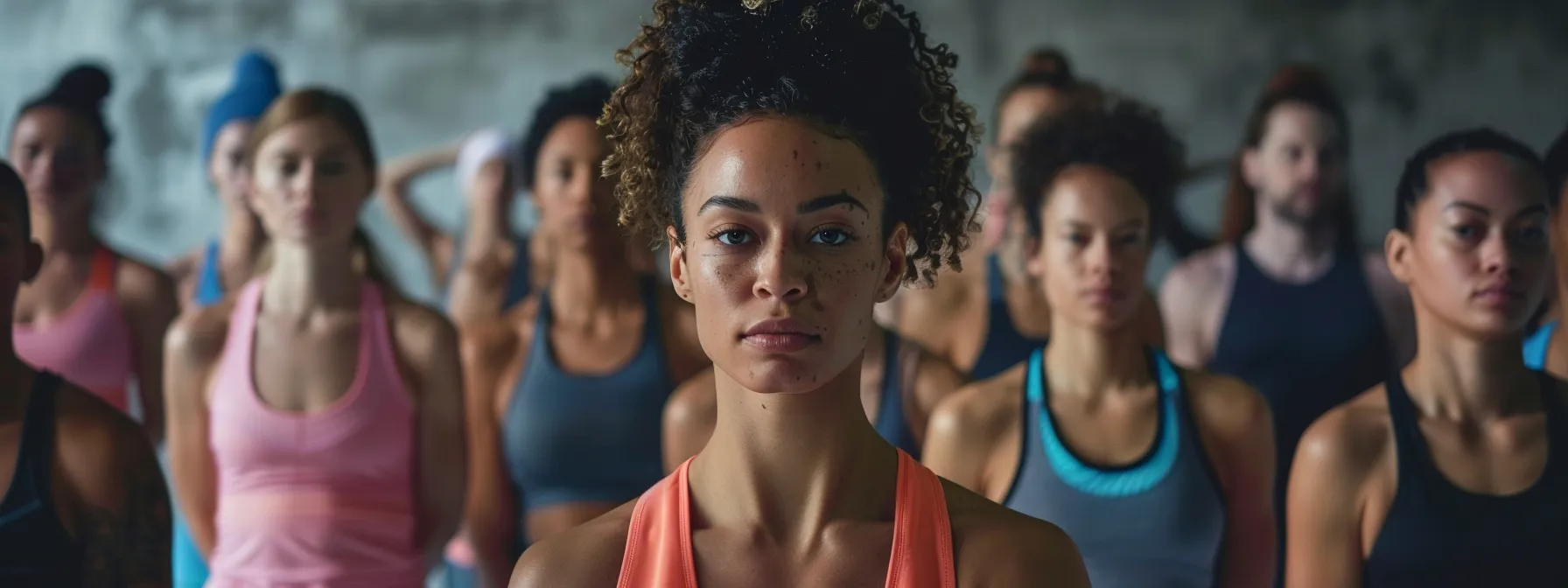 a group of diverse individuals participating in a virtual fitness class led by influencers.