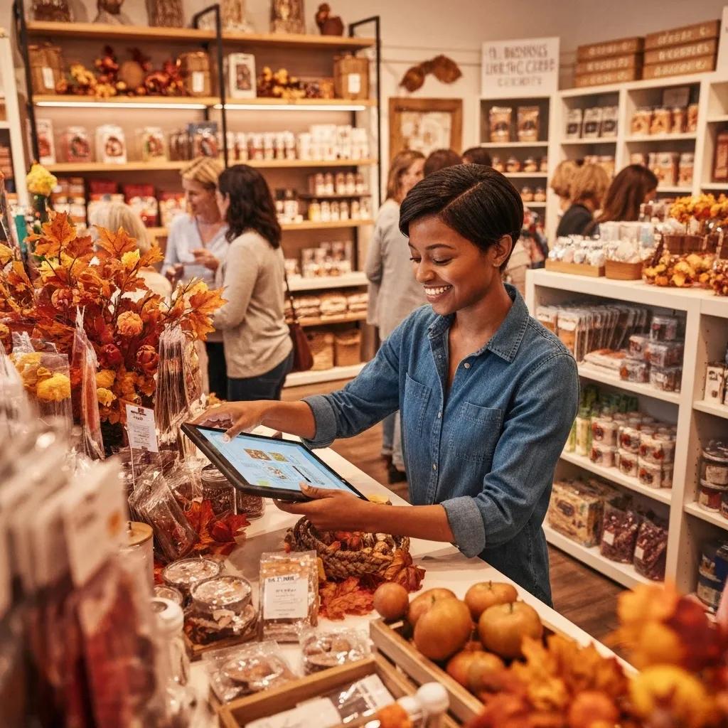 Retail store owner arranging seasonal merchandise, illustrating industry-specific use of business lines of credit