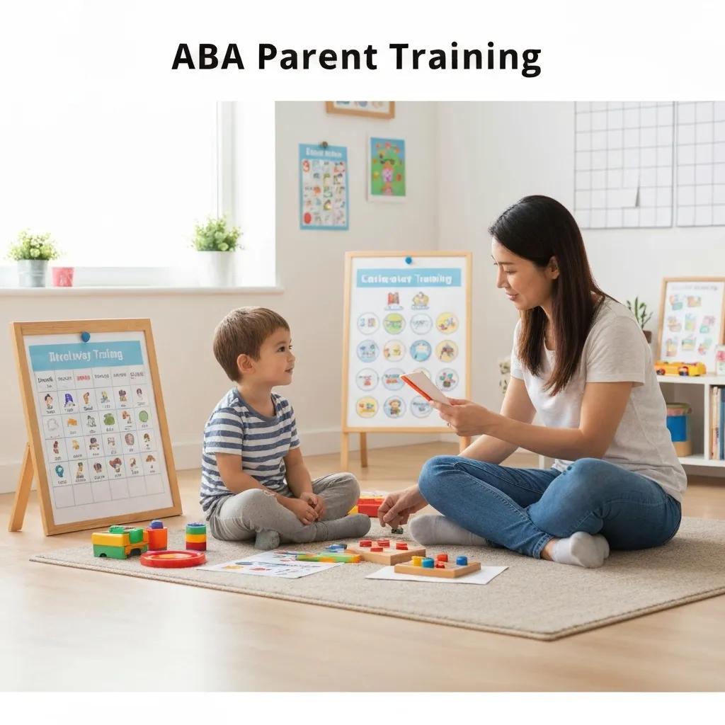 Parent and child engaging in ABA training activities at home, showcasing learning tools and a supportive environment