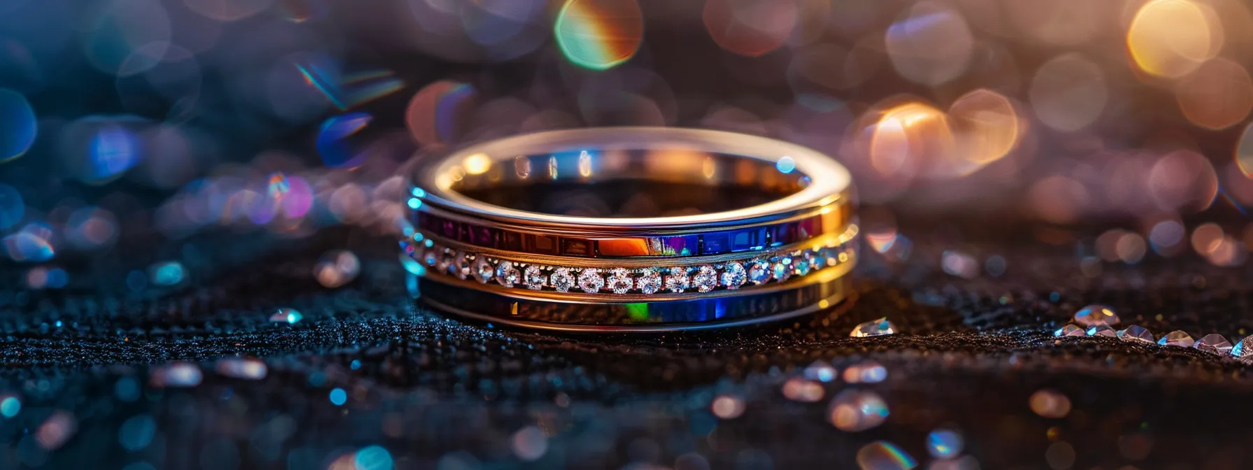 a sleek men's wedding ring featuring a shimmering diamond accent in a secure channel setting, surrounded by colorful gemstones for a touch of personalized luxury.