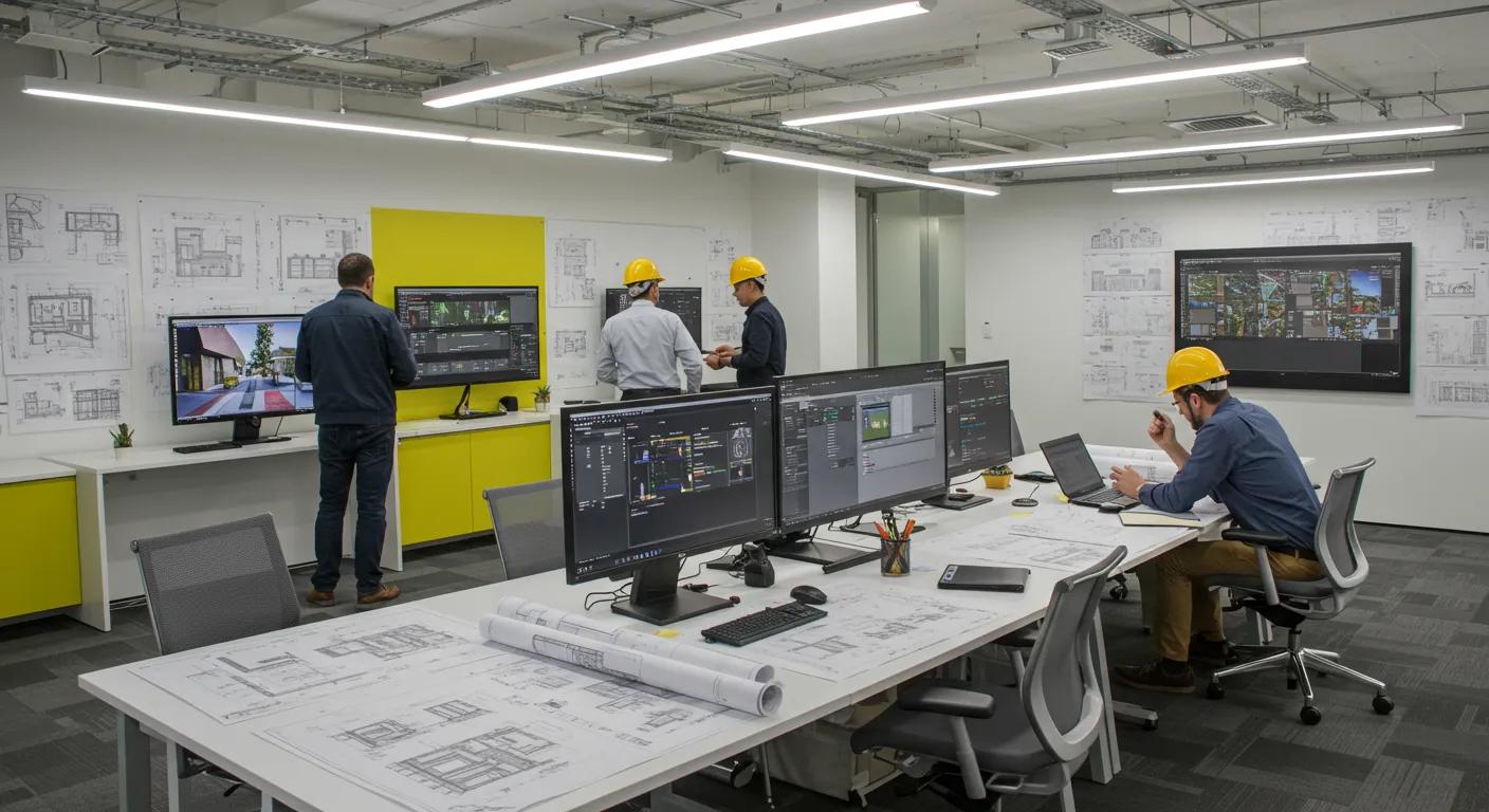 a modern architectural office brimming with detailed blueprints and digital plans displayed on sleek screens, showcasing architects collaborating on effective space planning and organization within a vibrant, minimally designed workspace.