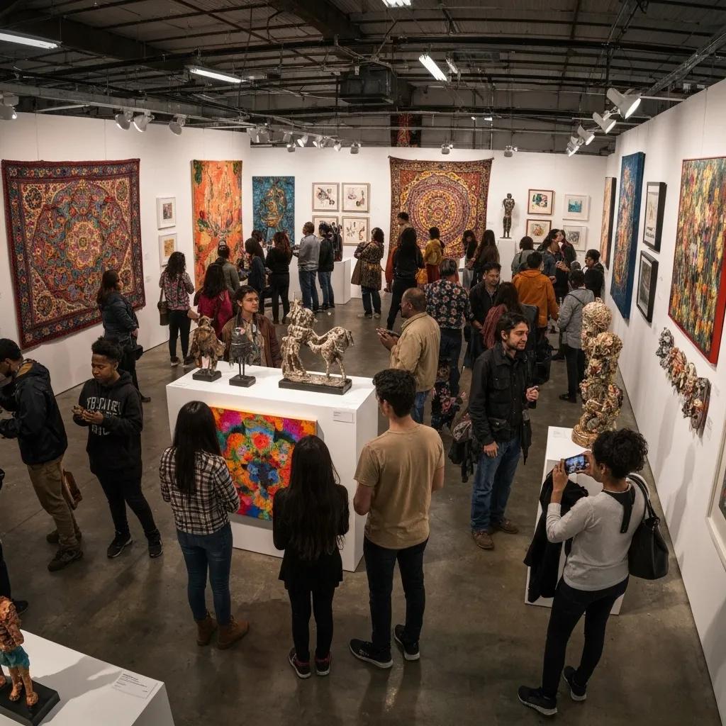 A community art exhibition showcasing artworks created by students in a local gallery setting