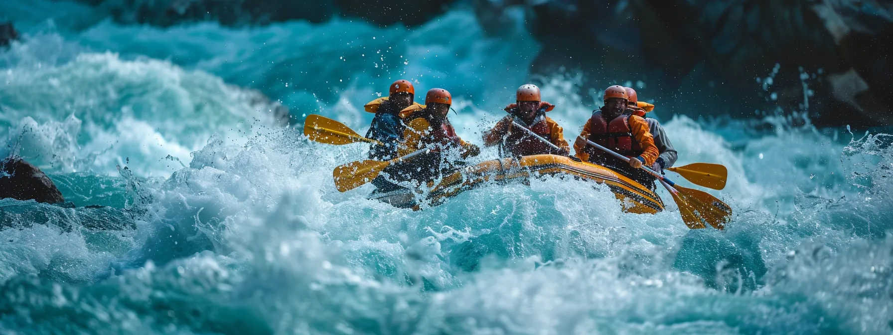 a group of excited rafters tackling a fast-moving river with intense rapids.