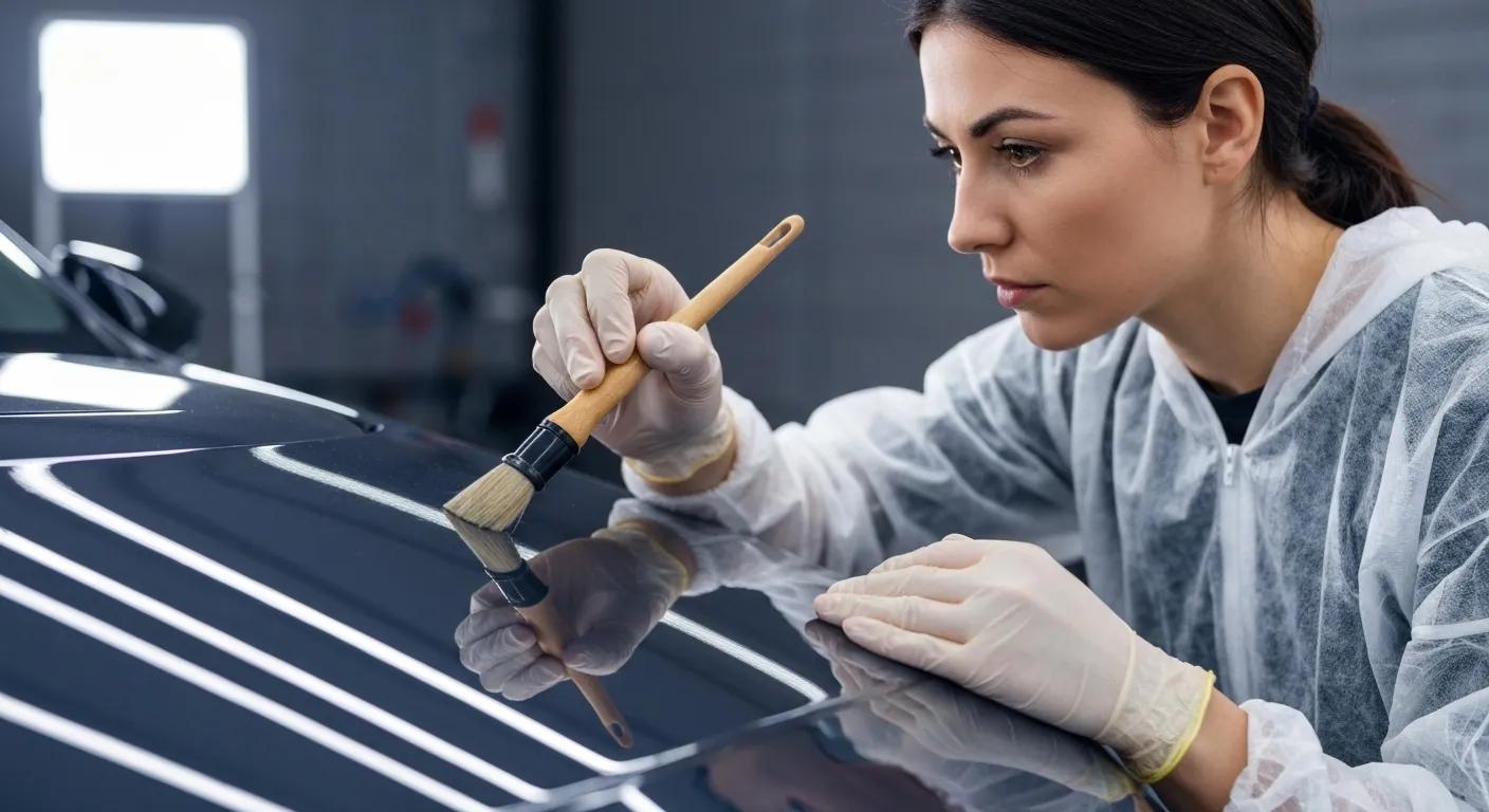 Close-up of a technician expertly applying ceramic coating to a car's surface, highlighting the resulting deep gloss and protective layer