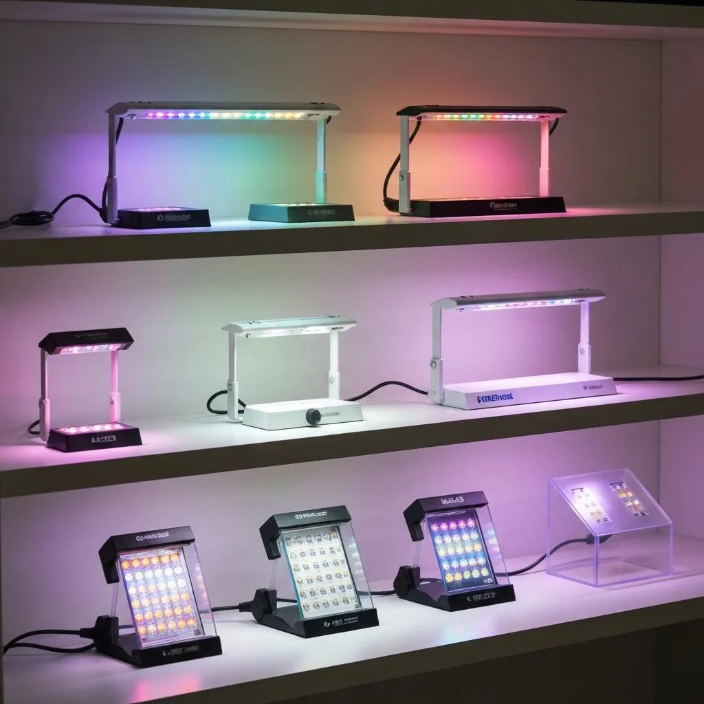 Display of various LED aquarium lights from top brands, highlighting features and design for planted aquariums