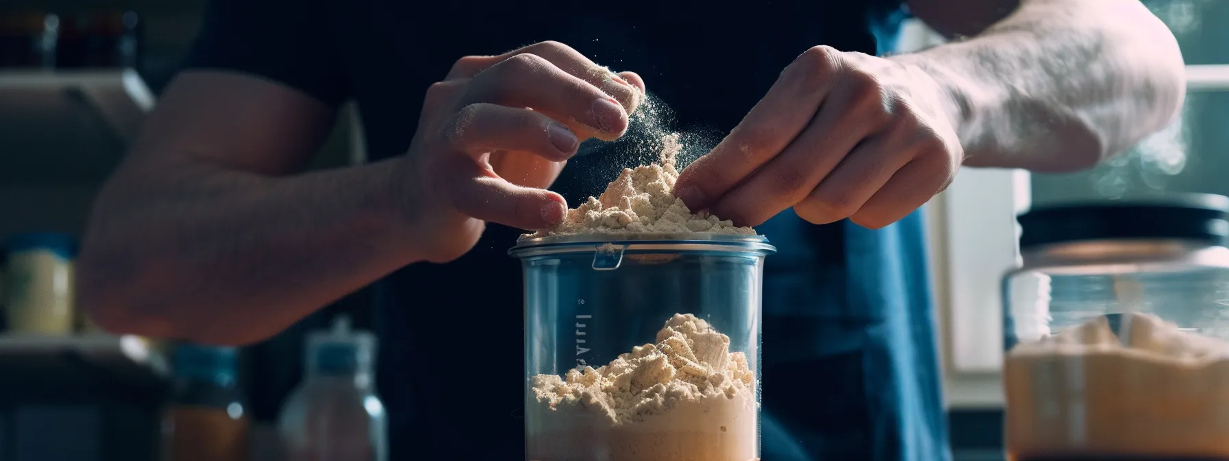 a person carefully measuring and adjusting their protein powder intake.