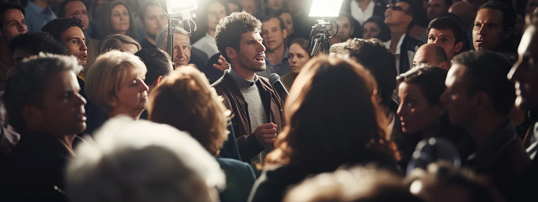 a man surrounded by a crowd, speaking into a microphone, with various reactions of support and criticism evident on the faces of the audience.