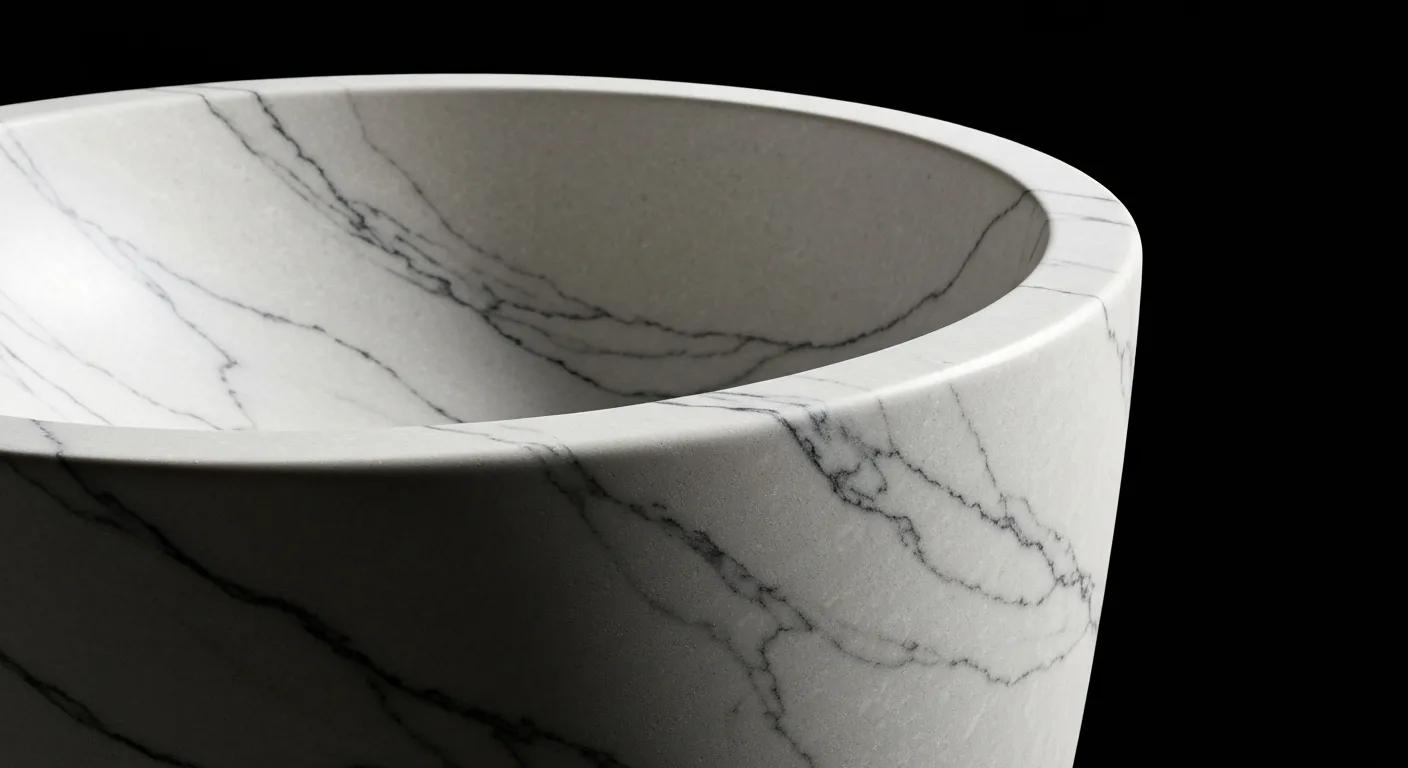Close-up of a sculptural Pietra Bianca freestanding basin highlighting its design features