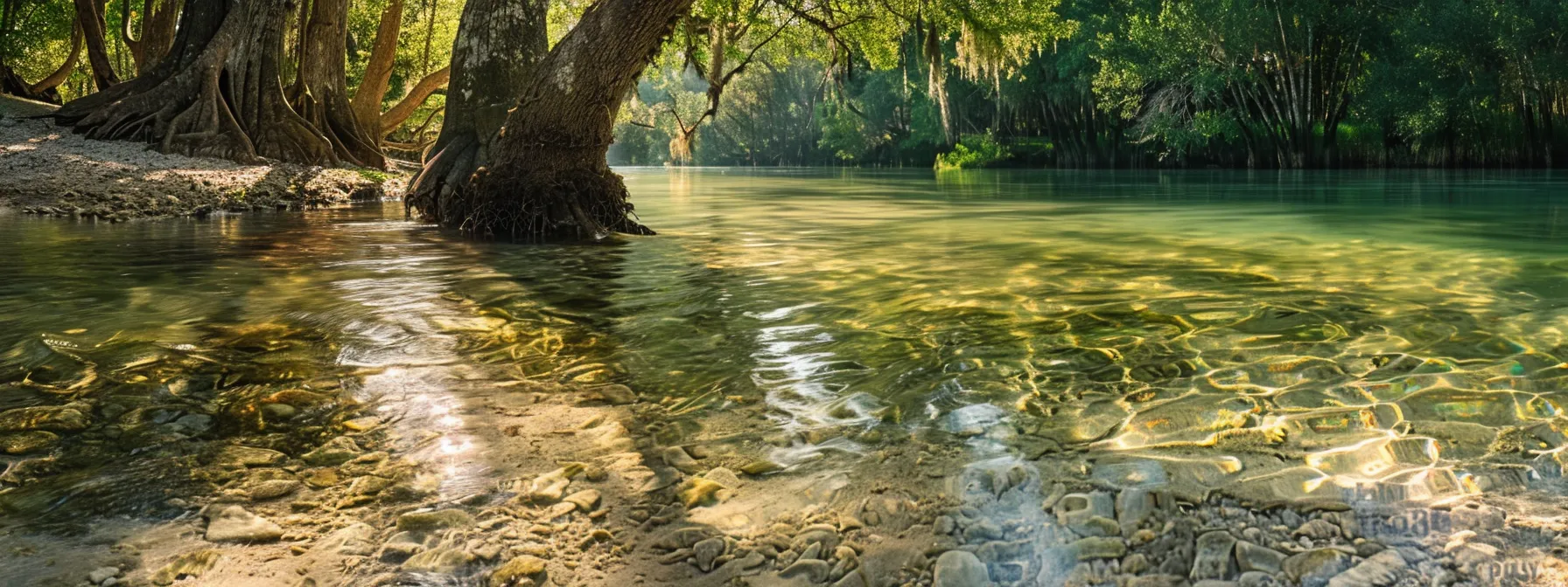 crystal clear waters glistening under the shade of towering oak trees at rainbow river, florida.