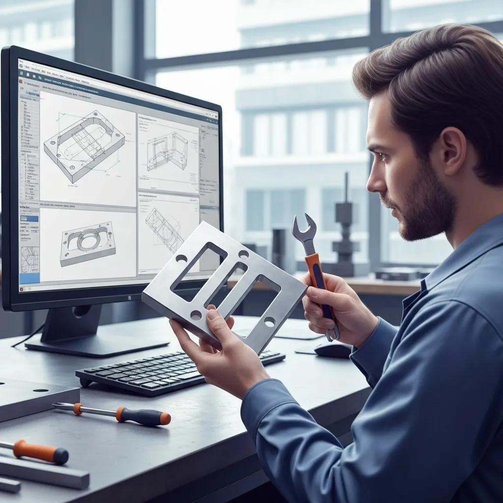 Technician inspecting a metal prototype in a modern fabrication workshop
