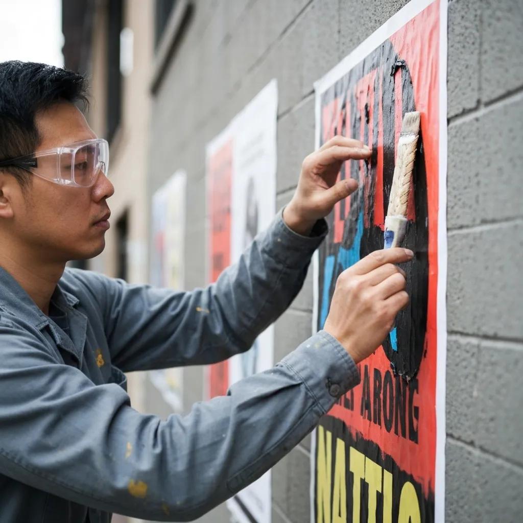 Technician applying wheatpaste to a large poster for urban wild posting Man applying wheatpaste to a vibrant poster on a brick wall, emphasizing guerrilla marketing techniques and urban advertising strategies.