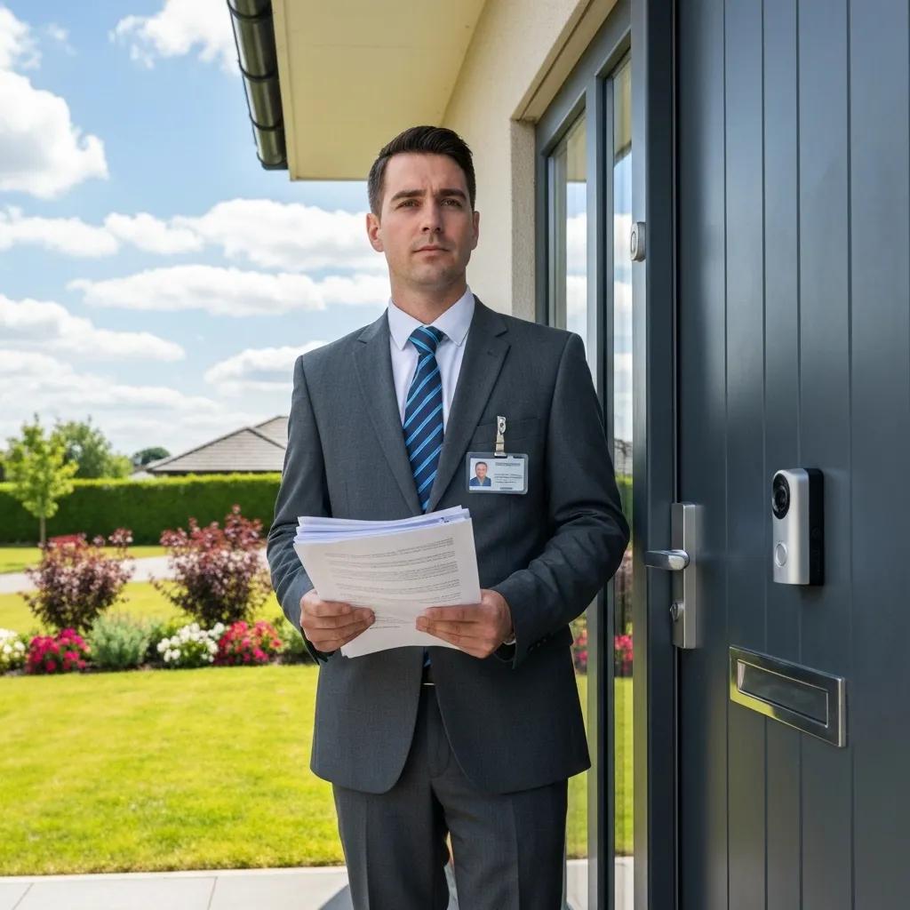 Process server confirming identity before delivering legal documents at a residential address