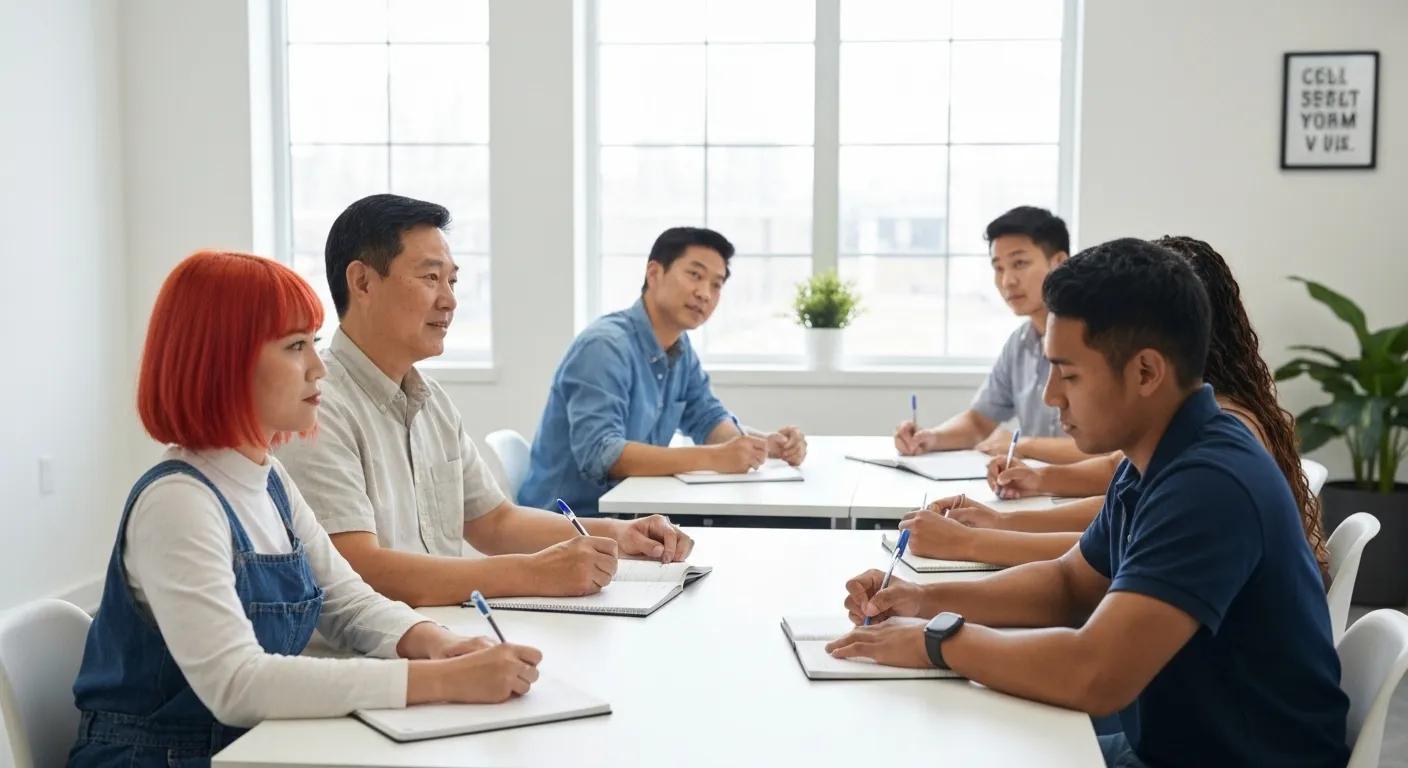 A diverse group of new drivers actively participating in a classroom setting for the New York DMV 5-Hour Pre-Licensing Course