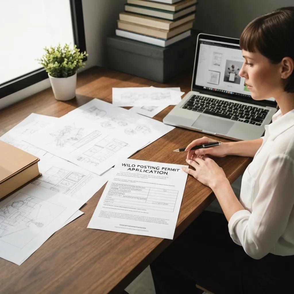 An art director poring over wild posting permit applications alongside design sketches