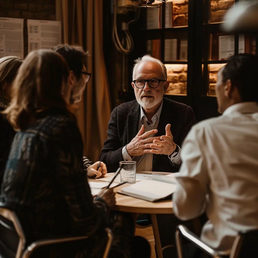 Stockbroker hosting a seminar with clients, emphasizing trust and long-term relationships in financial services