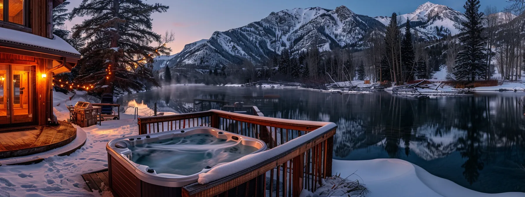 a cozy riverfront cabin with a hot tub overlooking the water, surrounded by mountains and offering easy access to skiing activities.