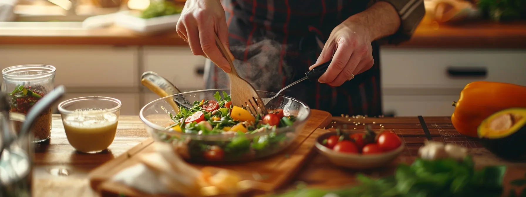 a person carefully measuring and preparing a balanced meal of lean protein, healthy fats, and carbohydrates on a kitchen counter.