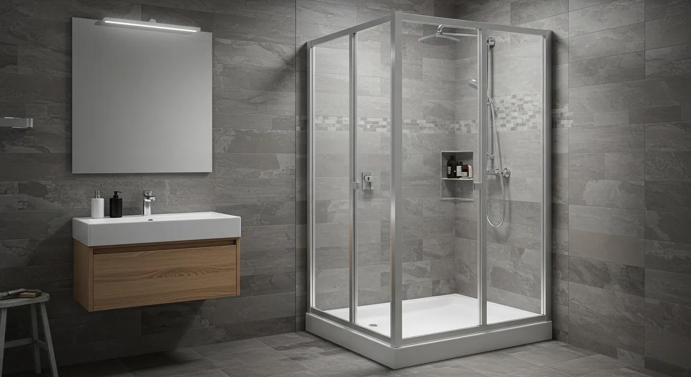 a modern bathroom setting showcases a sleek, partially assembled stand-up shower kit on an inviting tiled floor, illuminated by soft overhead lighting, emphasizing the diy spirit of efficient home renovation.