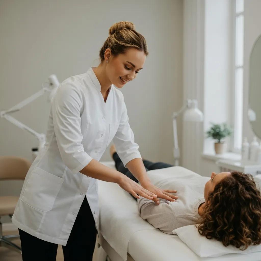 An esthetician demonstrating strict hygiene protocols, using single-use applicators during a waxing service