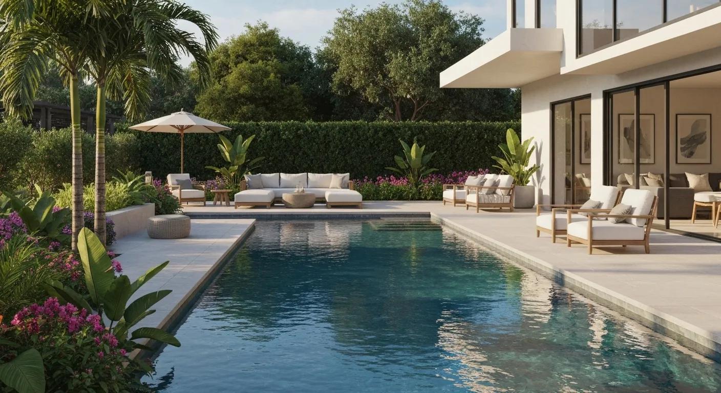 Serene backyard oasis with infinity pool and comfortable lounge areas Serene backyard oasis with infinity pool and comfortable lounge areas