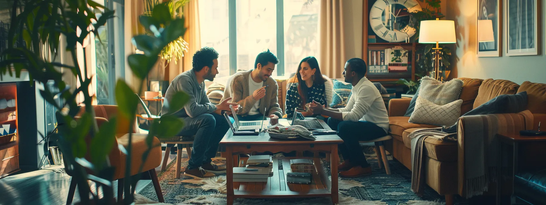 a group of people discussing insurance coverage and policy details in a well-furnished living room.