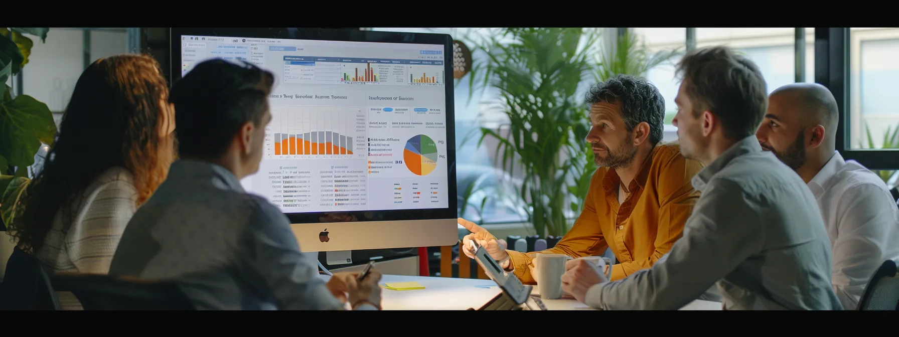 a group of people gathered around a computer screen analyzing social media engagement metrics and consumer behavior data.