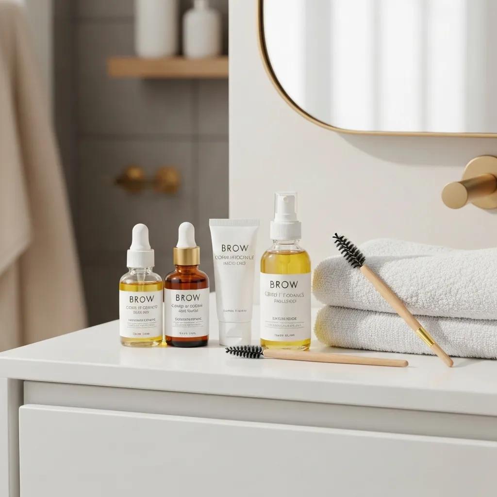 Brow care products arranged on a vanity for aftercare of laminated brows