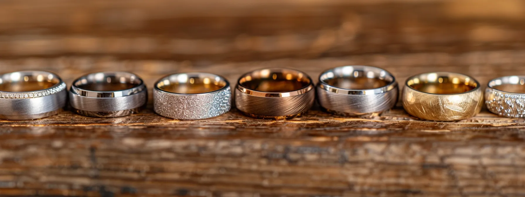 a collection of men's wedding rings showcasing a variety of surface finishes and textures, from a high polish for a classic shine to matte, brushed, hammered, and textured options for a unique look.