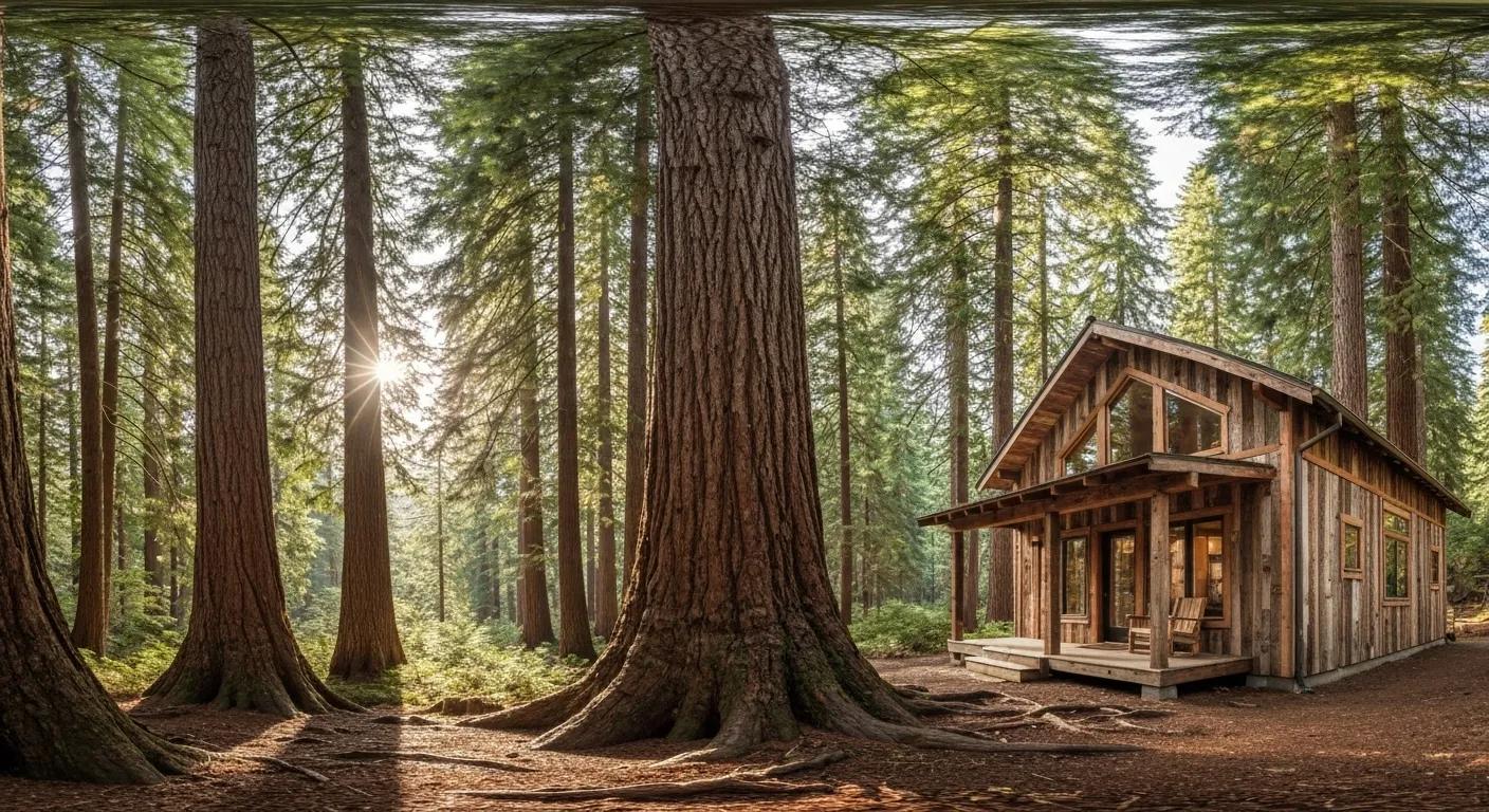 Lush forest with old-growth trees and reclaimed wood furniture, symbolizing environmental preservation and sustainability