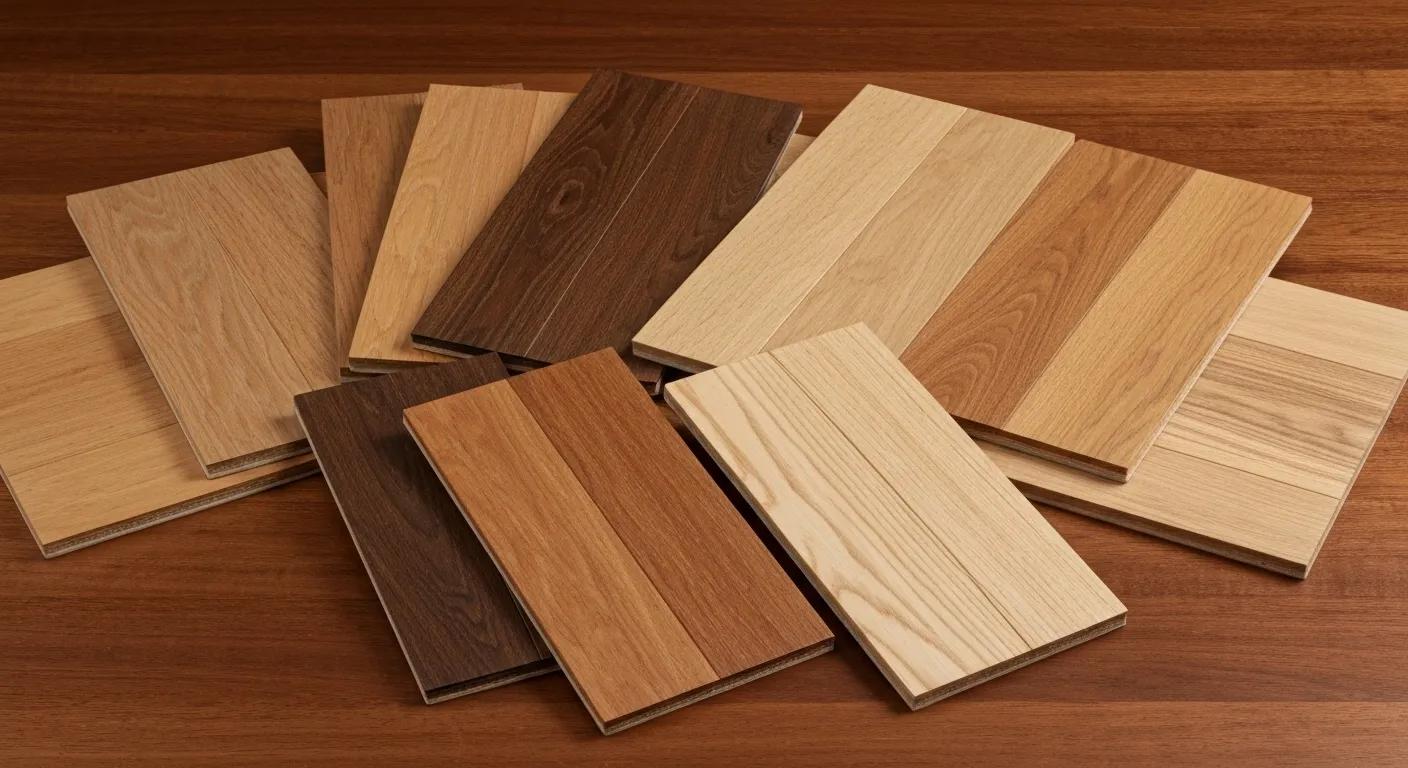 A selection of solid wood flooring samples, including oak, walnut, maple, and ash, displayed on a wooden surface