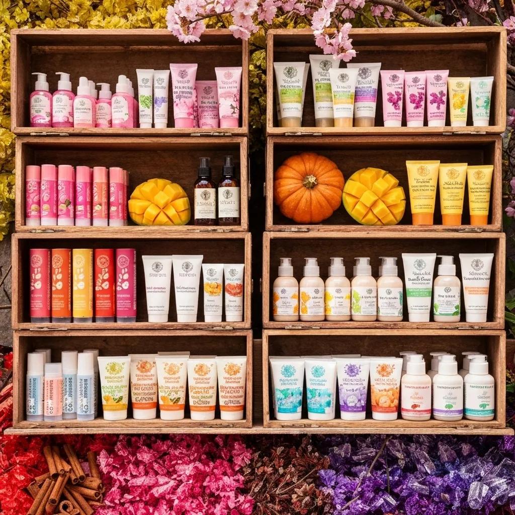 Seasonal organic skincare products displayed with elements representing spring, summer, fall, and winter