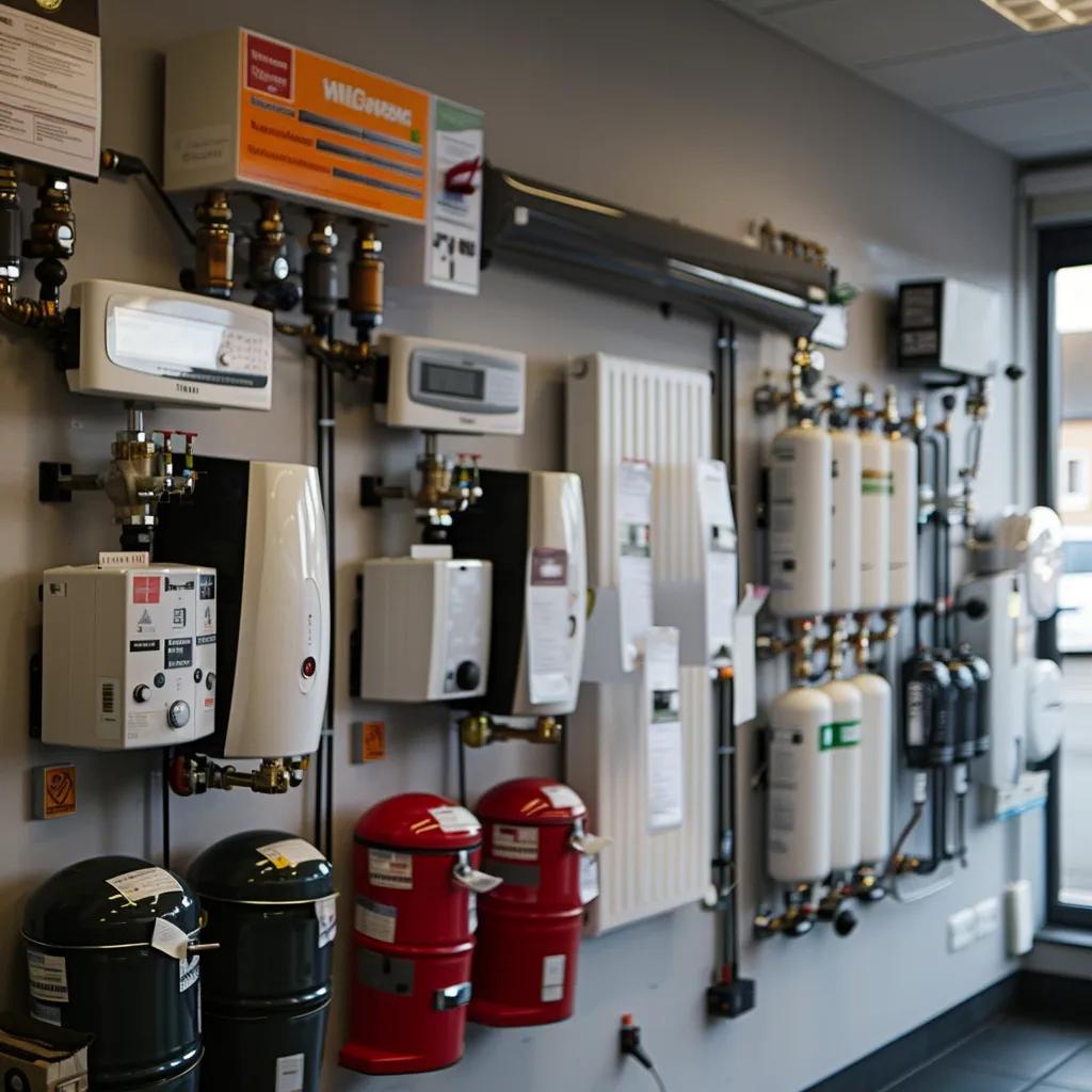 Display of various boiler systems and components on a wall, showcasing energy-efficient heating solutions relevant to boiler installation services in Wigan.