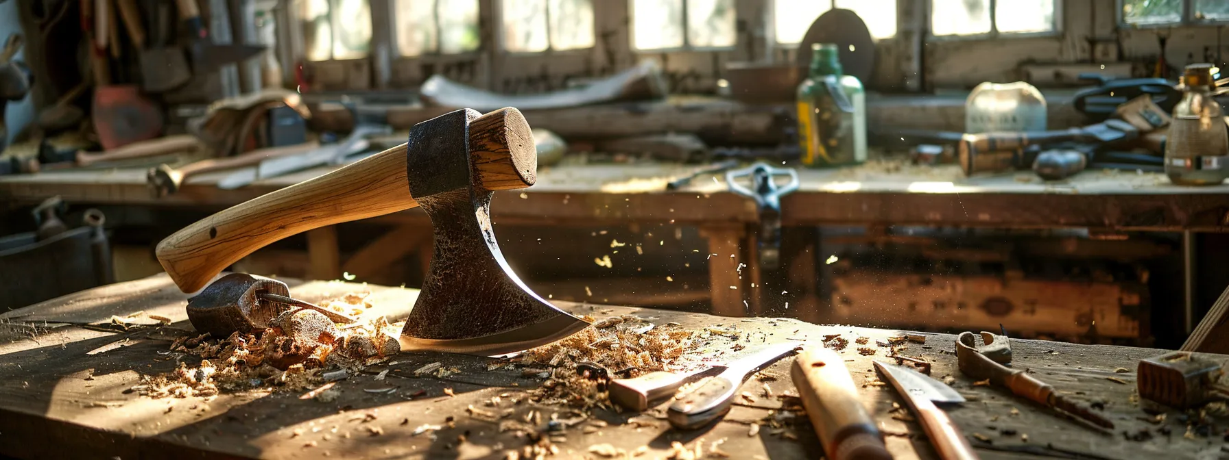 a well-maintained wood splitting axe gleams in the sunlight, surrounded by rust-preventing oils and sharpening tools on a sturdy workbench.