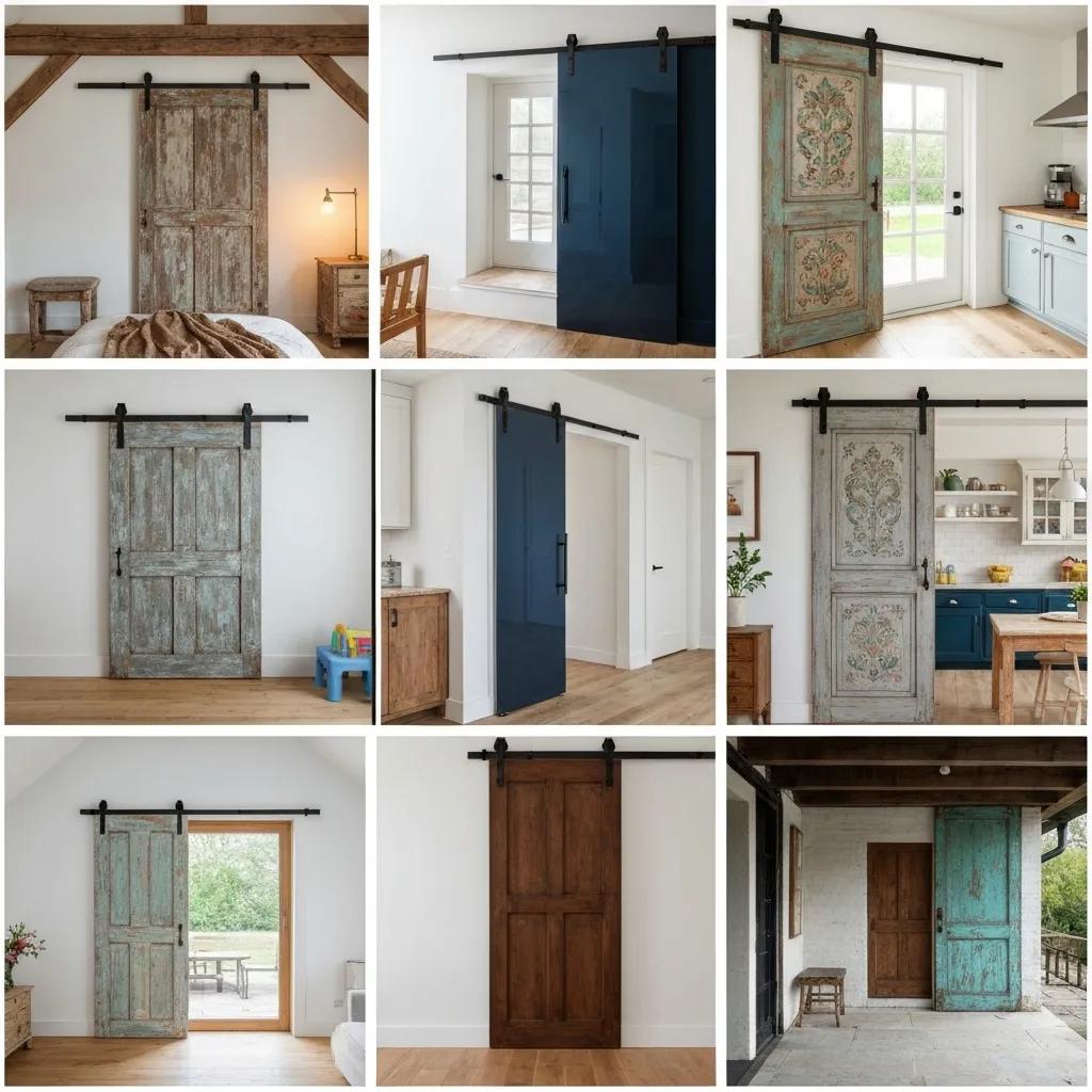 A collage of distinctive barn door styles in various interior settings, highlighting their unique characteristics