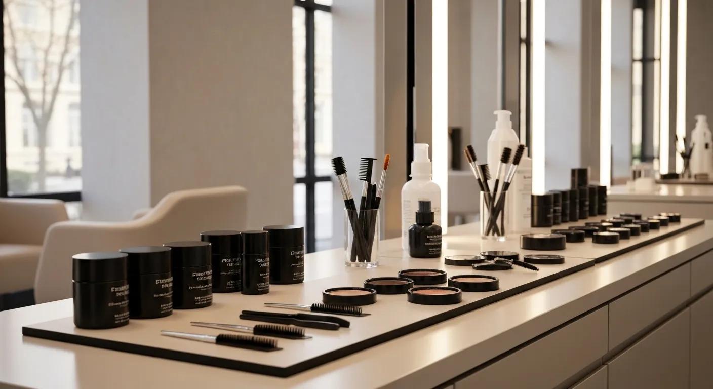 Premium eyebrow tinting products displayed in a beauty salon
