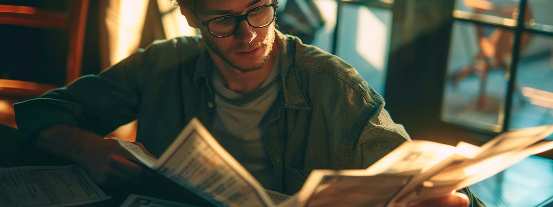 a person reviewing a bank statement with a serious expression, surrounded by papers and financial documents.