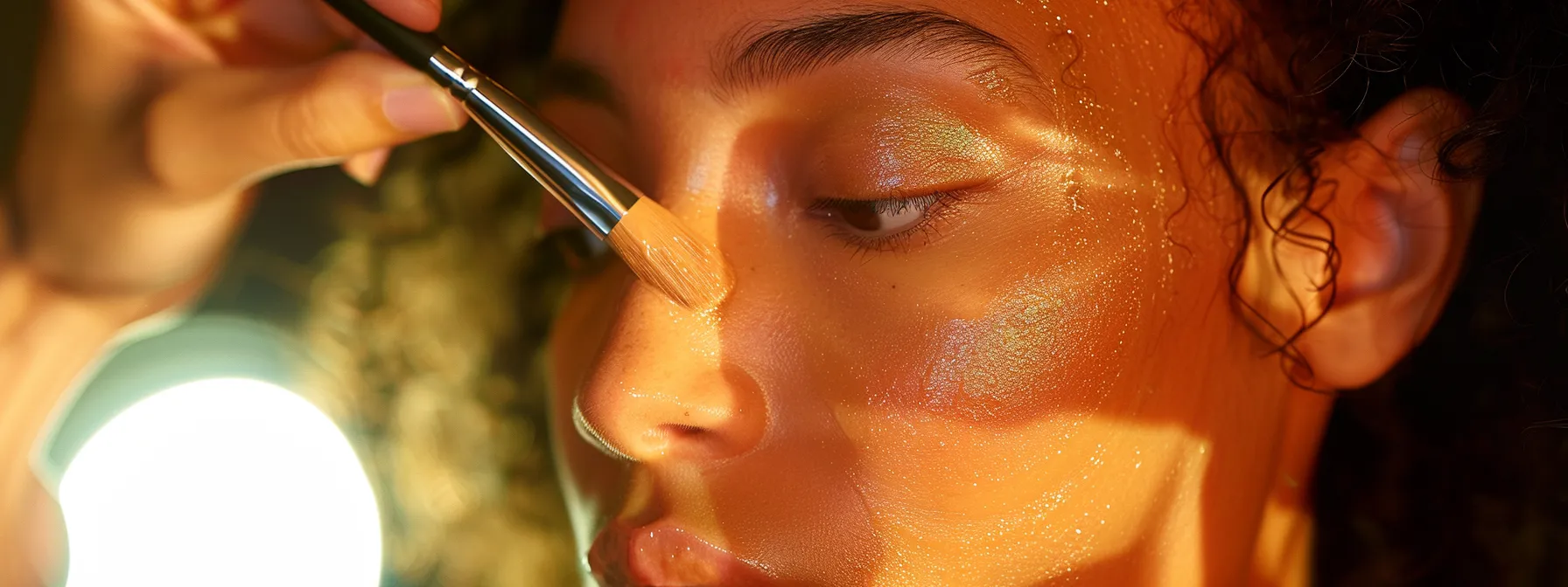 a makeup artist carefully applies moisturizing foundation to conceal dry skin on a model's face.