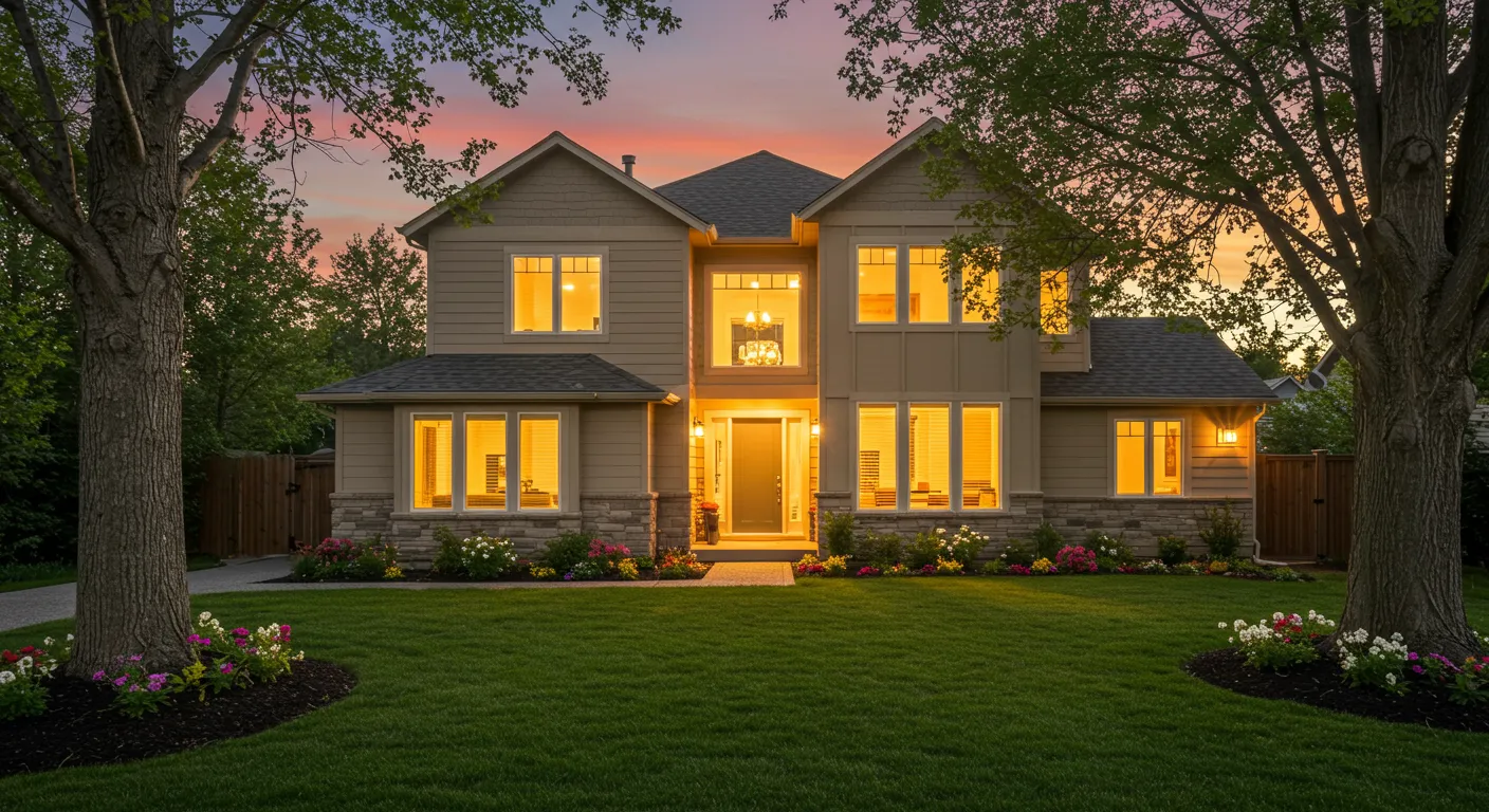 Modern custom-built home with clean lines and large windows during golden hour