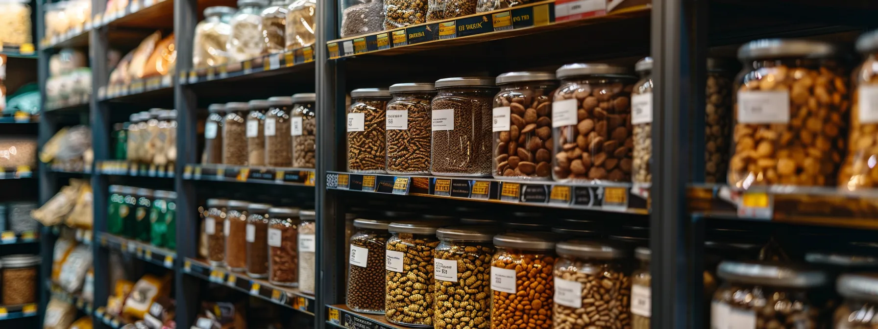 a variety of top-rated dry dog foods for dogs with skin allergies displayed on shelves in a pet store.