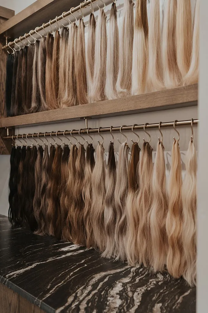 A variety of Micro K-tip hair extensions displayed on a rack A variety of Micro K-tip hair extensions displayed on a rack