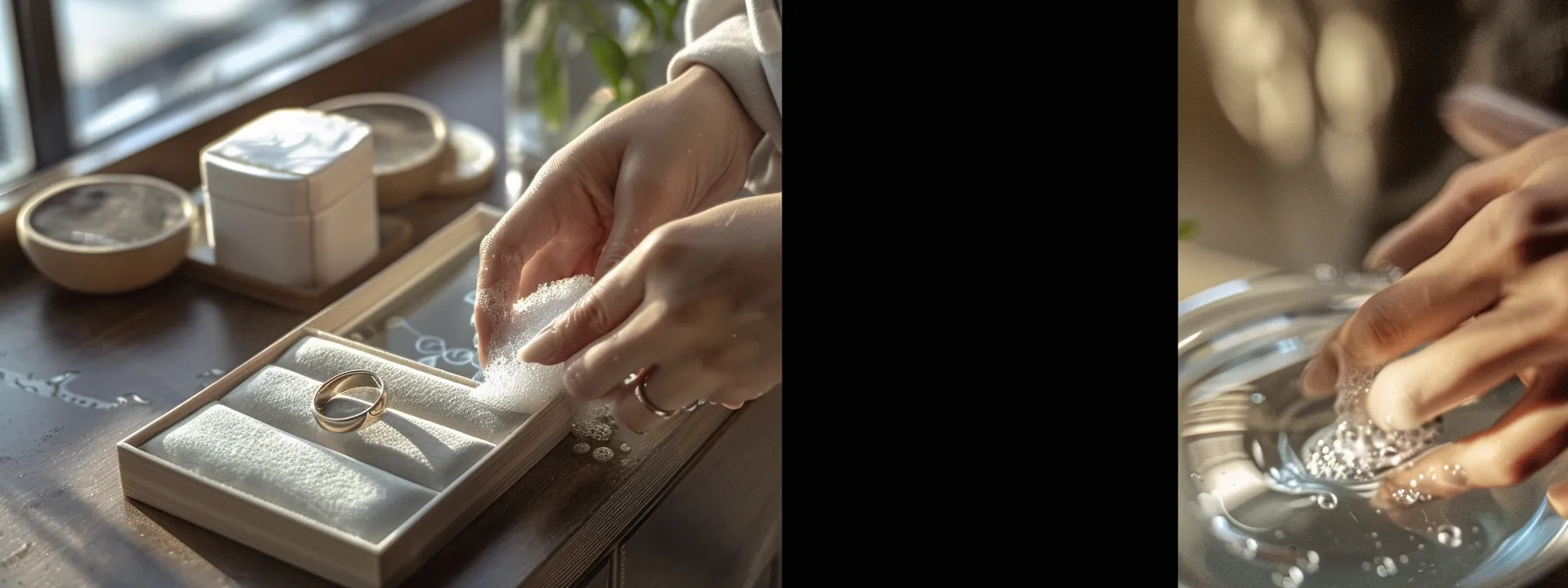 a woman gently washing her minimalist wedding ring with soap and water, then carefully storing it in a jewelry box to keep it safe.