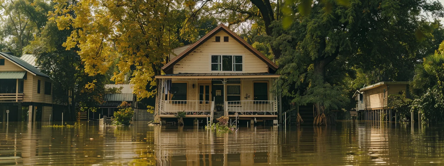 a house with elevated foundation and flood barriers in a flood-prone area.