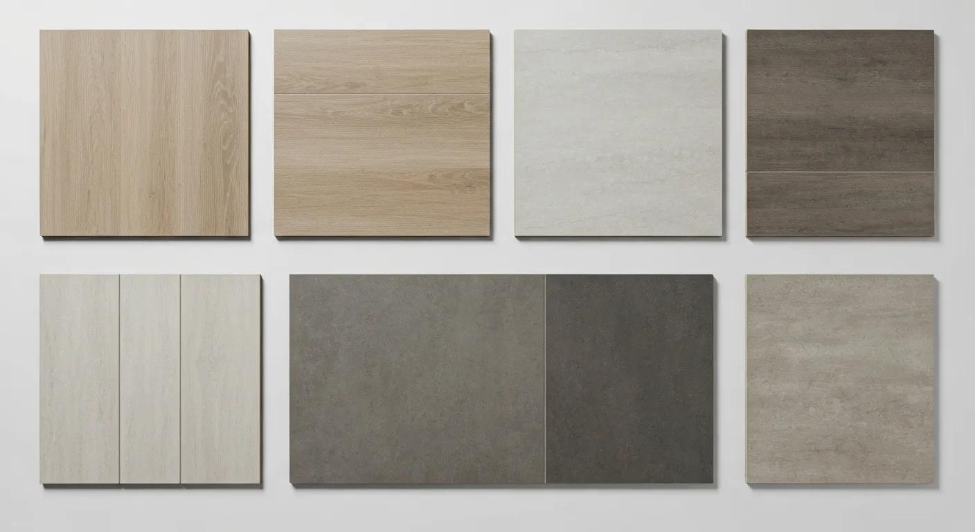 Comparison of luxury vinyl flooring and tile flooring samples, highlighting texture and color differences