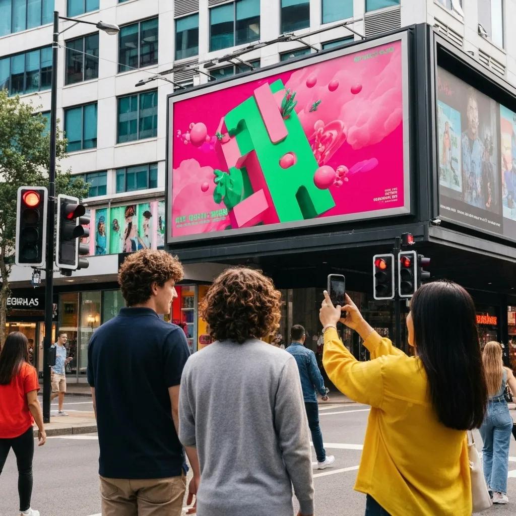 Vibrant outdoor advertising scene with a captivating billboard and people engaging in an urban environment