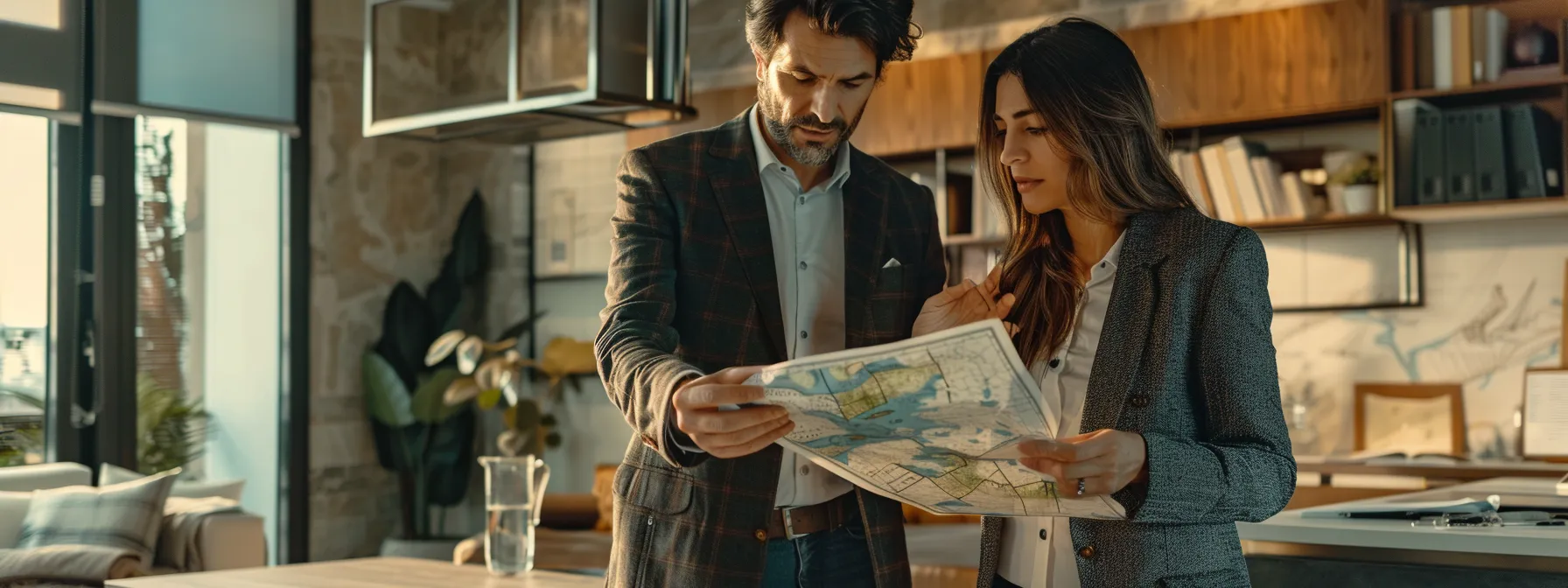 a real estate agent showing a flood zone map to a potential buyer.